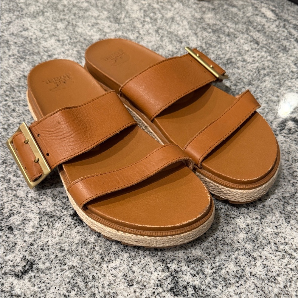 Sorel Women's Cognac Double-Strap Slide Sandals with Gold Buckles